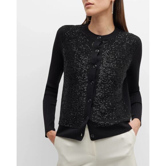 CURRENT St John Sequin-Front Wide Rib Knit Wool Silk Cardigan sz M $795 - Picture 1 of 13
